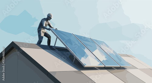 Man wearing hard hat is installing solar panels on rooftop, symbolizing renewable energy and eco-friendly power solutions in a modern, vector art style.