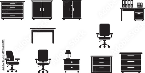 Collection of Office Furniture Icons in Black Silhouette desk cabinet