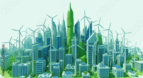 Low-poly style illustration of a futuristic city with green buildings, wind turbines, and solar panels showcasing sustainable energy and eco-friendly urban design.