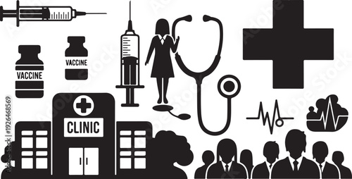 Medical clinic and healthcare symbols in black and white