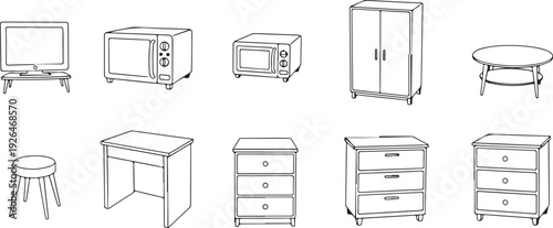 Collection of Outline Drawings of Household Appliances and Furniture television microwave