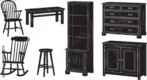 Collection of Silhouette Furniture Pieces on White Background armchair rocking chair