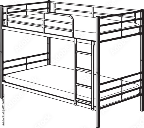 Line Art Illustration of a Metal Bunk Bed with Mattresses furniture