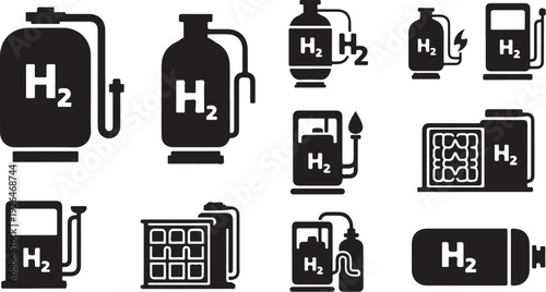 Hydrogen Fuel Cell Energy Storage Icon Set in Black