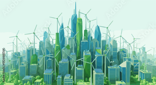 An illustration showing a futuristic cityscape powered by renewable energy, featuring sleek buildings adorned with solar panels and numerous wind turbines, promoting sustainability.
