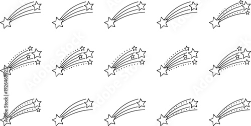 Set of shooting star doodle icons with comet trails isolated on white background, hand drawn outline vector collection for decoration, logo, and design