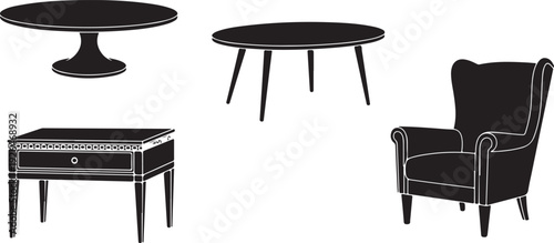 Silhouette of Tables, Nightstand, and Armchair dining table coffee table