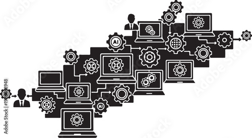 Technology and gears concept with computers and cogs illustration