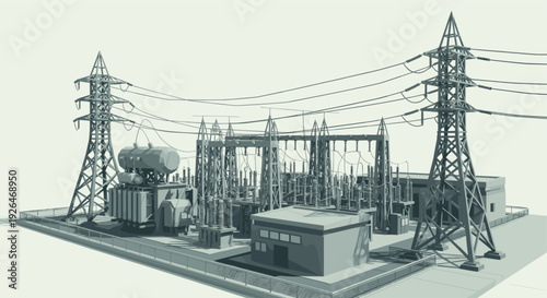 A minimalist 3D rendering of an electrical substation features transmission towers, transformers, and power lines, ideal for illustrating energy, infrastructure, or technology concepts.