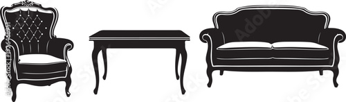 Silhouettes of an ornate armchair, table, and sofa furniture interior