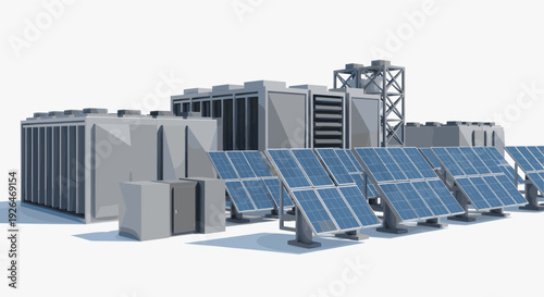 A clean, stylized illustration featuring solar panels adjacent to an industrial building, symbolizing renewable energy powering industry and sustainable practices in a modern setting.