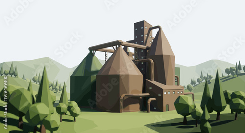 An industrial factory with silos and pipelines stands nestled within a serene, low-poly landscape featuring rolling green hills and stylized trees, perfect for games or design projects.