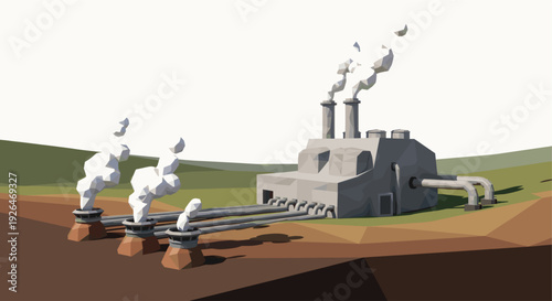 Low poly style illustration of an industrial plant emitting white smoke against a neutral background, conveying pollution, industry, and environmental themes.