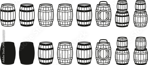 Wooden barrel icon collection in outline and solid style isolated on white background, vintage wine cask and beer keg vector illustration set