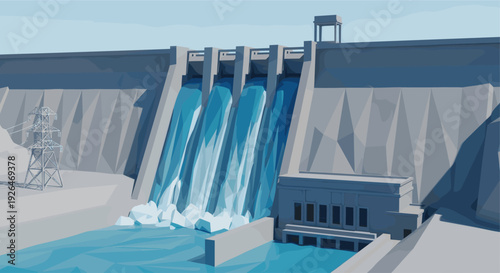 Low-poly illustration of a hydroelectric dam with cascading waterfalls, showcasing renewable energy generation and power transmission infrastructure against a clear blue sky.