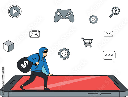 Online Cyber Theft Concept Hacker Stealing Data from Smartphone Vector Illustration