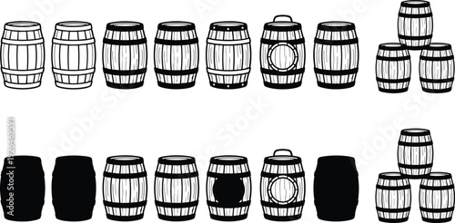 Wooden barrel icon set in outline and solid style isolated on white background, vintage storage cask collection flat vector illustration