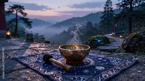 A serene singing bowl emitting smoke on a patterned mat against misty mountains at dawn.