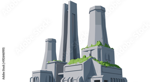 A stylized, low-poly rendering of a futuristic industrial plant with geometric shapes, rendered in gray and blue tones and partially covered in bright green vegetation.