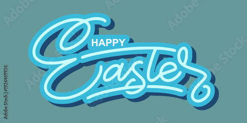 Soft Pastel Blue Happy Easter Hand Lettering. Elegant Light Blue Script Typography for Creative Spring Holiday Graphic Design.
