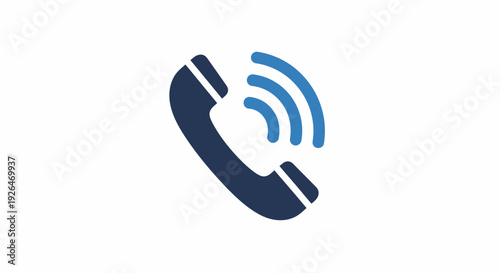 Minimalist telephone handset icon with signal waves, blue phone call symbol for customer support, flat vector illustration for contact us page