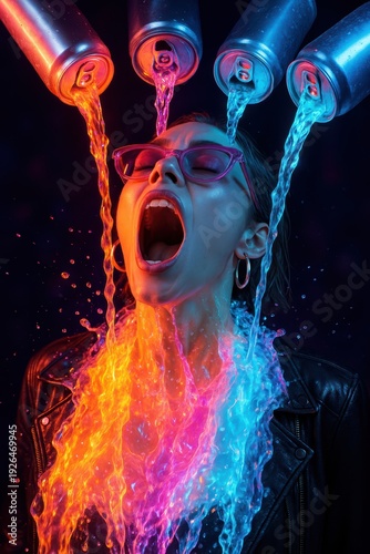 Surreal portrait of woman drenched in glowing neon orange and blue drinks