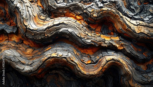 Close-up of layered, textured wood with a dark grey and orange color scheme, offering a rough, natural aesthetic