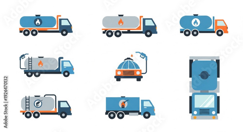 Collection of various tanker trucks with different designs and purposes on white background.