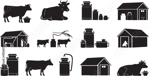 Black and white cow farm icons and silhouettes collection