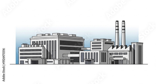 Industrial complex illustration depicting factories and buildings with smokestacks, a modern cityscape.