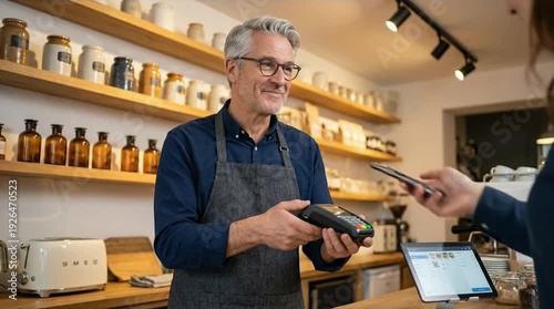 Smiling shop owner helps customer with contactless smartphone payment. Modern digital transaction in a small business cafe.