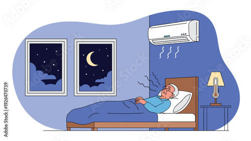 Senior man sleeping soundly in his bedroom at night with an air conditioner running and a thermometer showing the temperature.