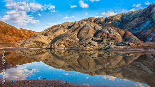 Obraz na plátne Colorful mountain landscape reflected in calm mirror-like water with blue sky ab