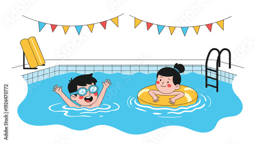 Two happy children playing and splashing in a bright blue swimming pool decorated with festive flags and featuring a slide.