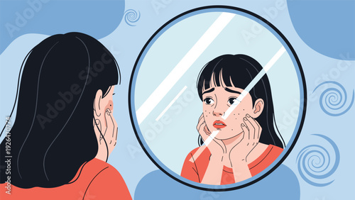 Young girl looking at her face reflection in a round mirror with a concerned expression while touching her skin imperfections.