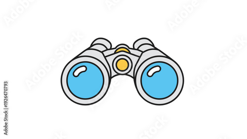 Pair of professional binoculars with bright blue lenses and yellow accents is shown in a clean vector illustration style.