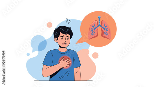 Concerned man is holding his chest while a speech bubble shows a diagram of human lungs indicating respiratory issues.