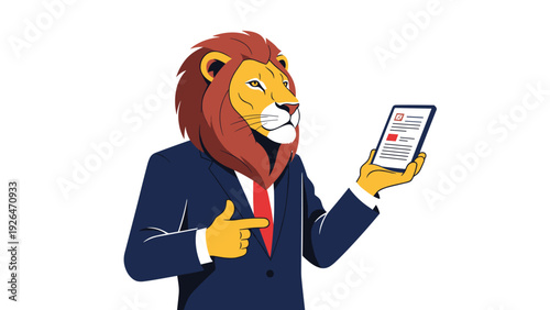 Sophisticated lion character wearing a navy blue suit and red tie points towards a tablet held in his other hand.