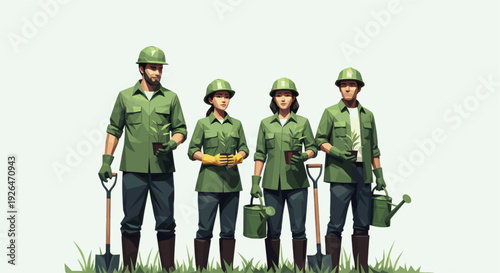 Four gardeners, two women and two men, stand in a row holding shovels, watering cans and small potted plants, wearing green shirts, pants, helmets and boots.