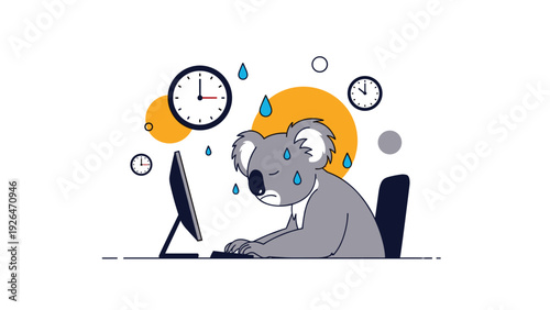 Exhausted koala character is sweating while working at a computer desk with many clocks showing the passage of time.