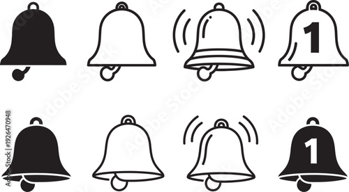 Notification bell icons set in black and white