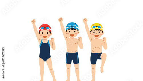 Group of three young boys wearing different colored swim caps and trunks are cheering enthusiastically with fists up.