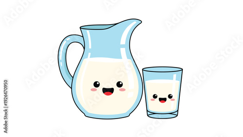 Adorable kawaii style characters of a milk pitcher and a glass are smiling together on a plain white background.