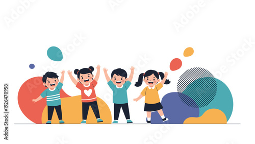 Diverse group of four happy children are cheering and celebrating in front of a colorful abstract background.