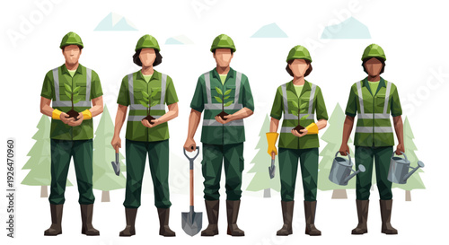 Diverse group of landscapers in green workwear hold saplings and gardening tools against a backdrop of stylized green trees and soft sky, symbolizing reforestation and teamwork.