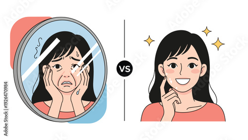 Side-by-side comparison of a woman seeing an older version of herself in a mirror versus her young healthy skin.