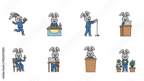 Collection of rabbit characters in business suits performing various activities like working, golf, and public speaking.