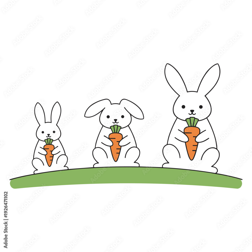 Obraz premium Three bunnies carrot vector illustration