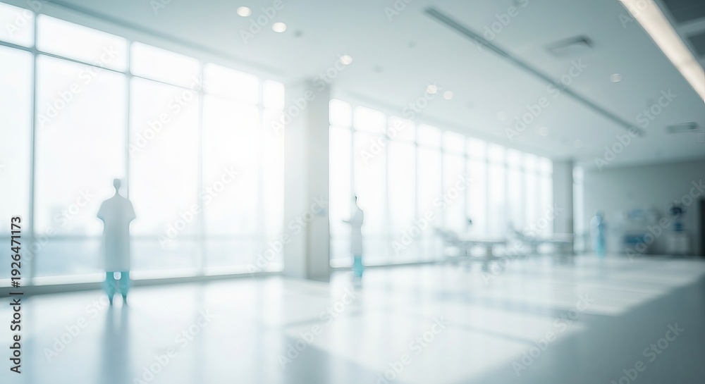 Obraz premium Modern Healthcare Lobby with Blurry Tranquil Hospital Interior and Bright Windows in Wide Angle