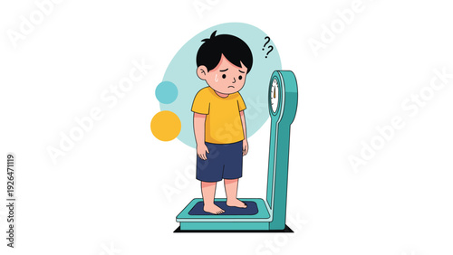 Anxious young boy is standing on a medical weight scale while looking down with a worried facial expression.